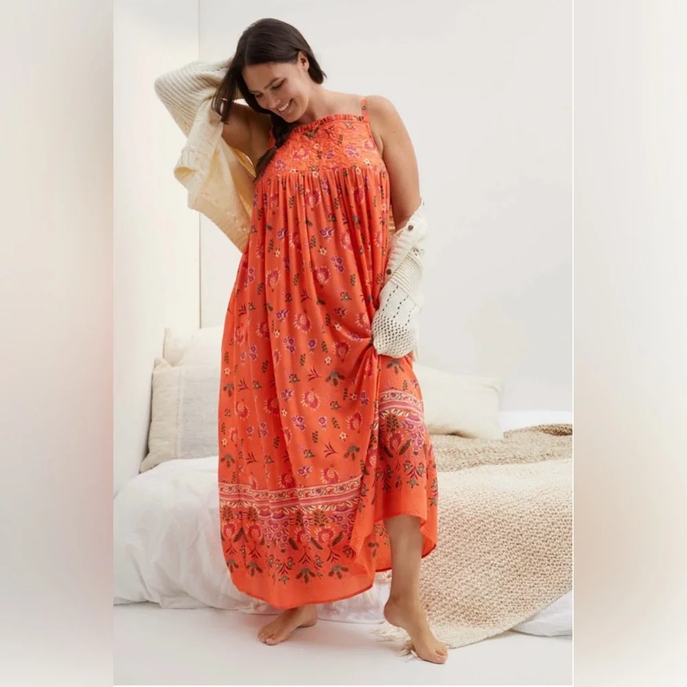 Anthropologie Orange Floral Maxi Dress - Picture 1 of 10